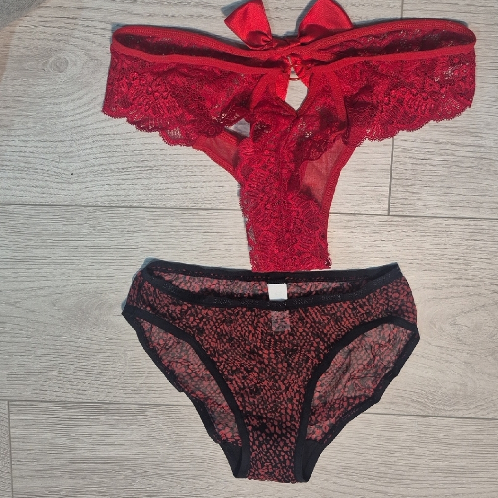 DKNY Red Lace Bra and Black Panty Set